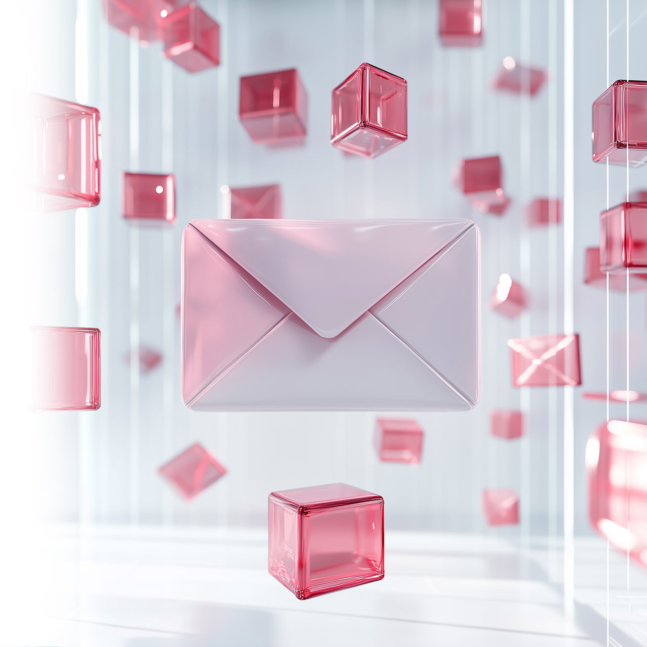 3D Floating Mail icon surrounded by deadpixel digital cubes